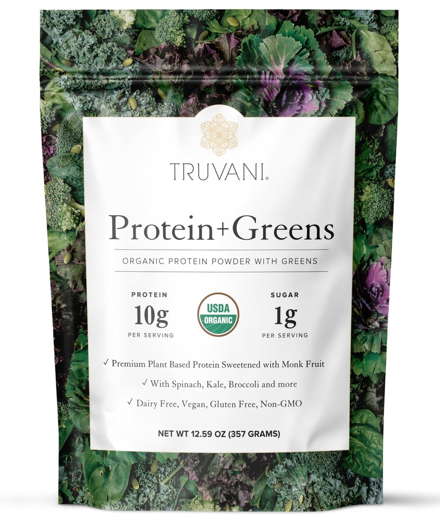 Truvani Protein + Grønn Supplement | Spinat, Kale & Broccoli | 10g Organisk Plant Basert Protein | 20 Serveringer | USDA Organisk | Gluten & Dairy Gratis | Vegansk | Ingen tilsatt sukker