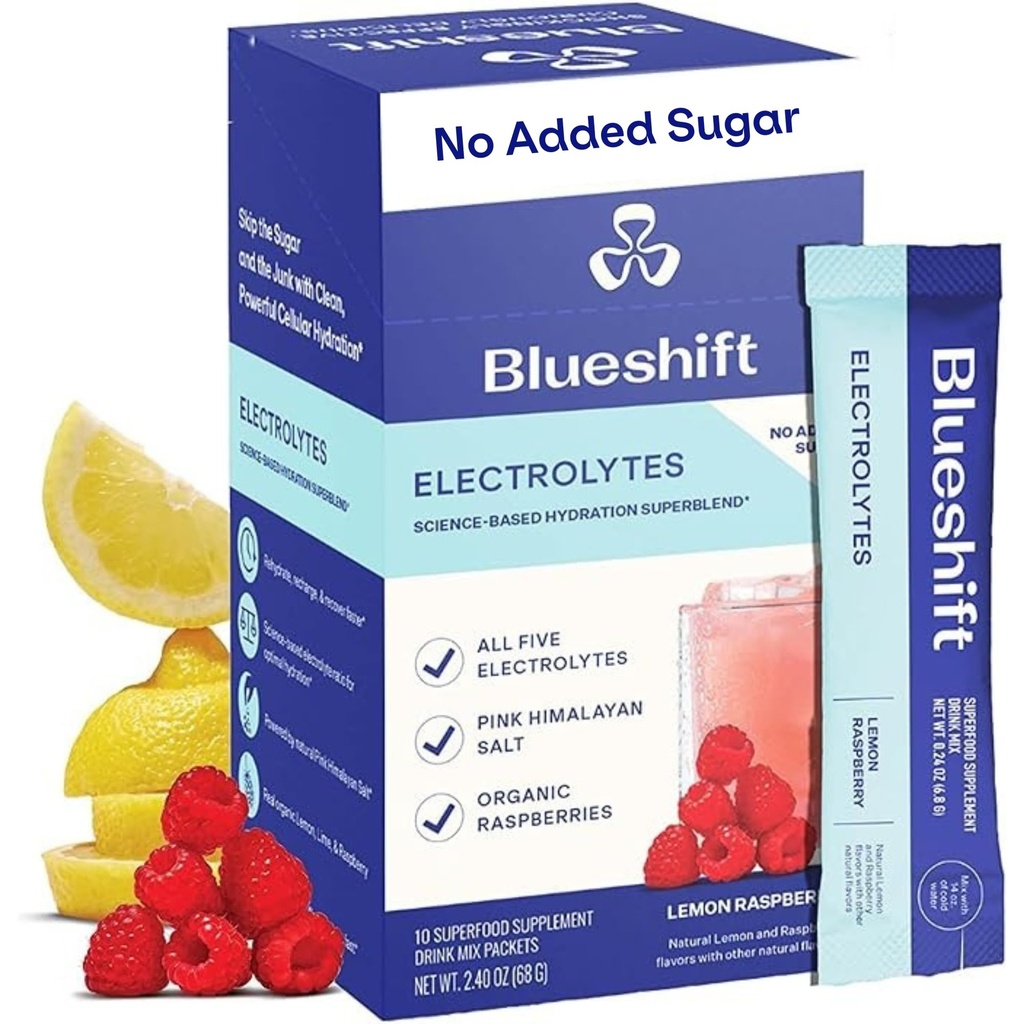 Blueshift Electrolytes - Naturlige elektrolyter Powder Packets, Organiske Hydration Packets, Electrolyte Drink Mix Sticks uten sukker, Single Serve Pack - sitron bringebær flavor, pulver Sticks (10 Pack)
