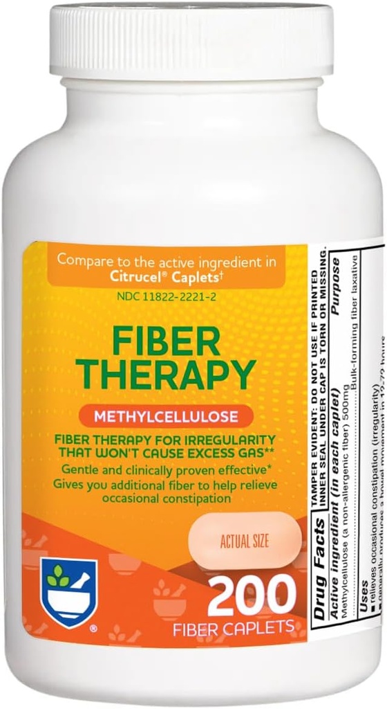 Rite Aid Fiberterapi Oppløselig Fiber Supplement 200 Caplets, 500 mg Metylcellulose, Laxative midler for galaktose, Fiber piller for voksne