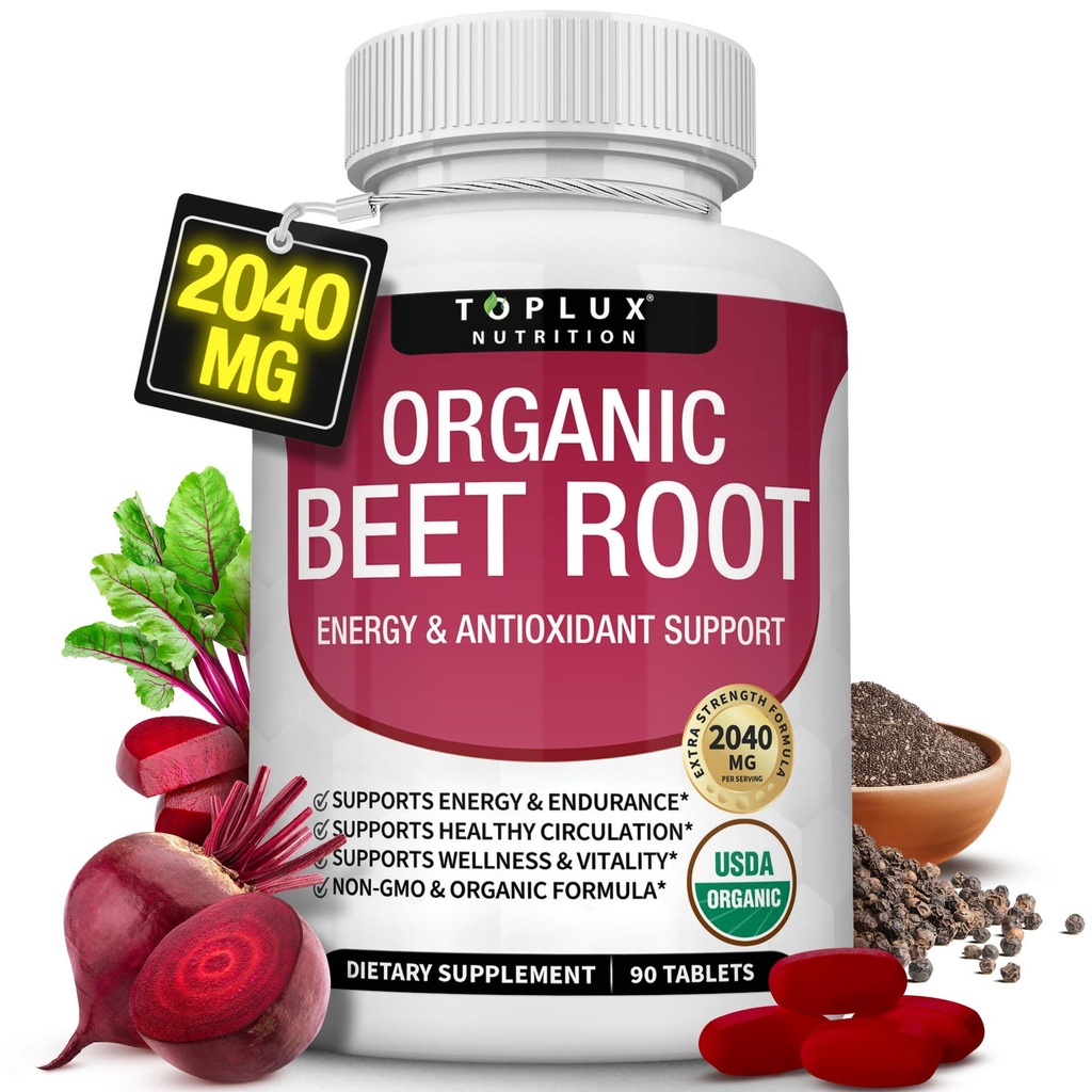 Organic beet Root Powder Tabletter - 2040mg Naturlig Nitric Oxid Bees til støtte, Energi, Svart Pepper Bedre absorpsjon, Ikke-GMO, for menn kvinner, 90 tabletter