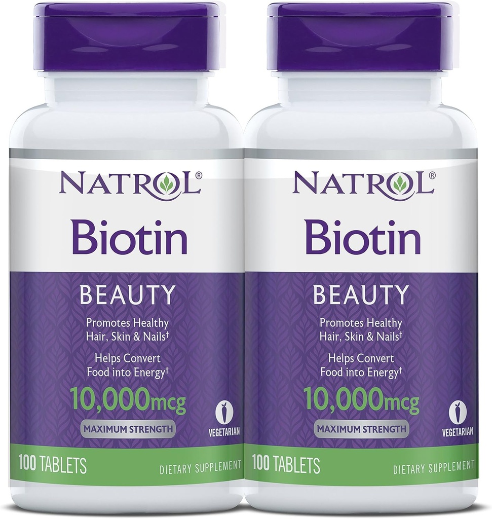 Narl Biotin Beauty Tabletter, fremmer sunnt hår, hud og negler, hjelper støtte energimetabolisme, bidrar til å konvertere mat til energi, maksimal styrke, 10.000mcg, 100 count (Pack of 2)
