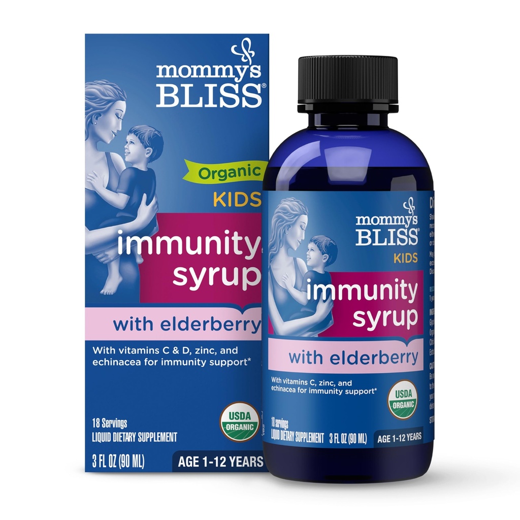 Mammas Bliss Organic Elderberry Syrup & immunitet Økt med vitaminer, Prebiotika og Echinacea for barn og voksne 1 år+, 3 Fl Oz
