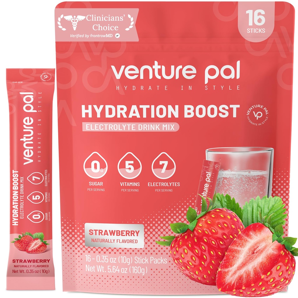 Venture Pal Sukker Gratis Elektrolyte pulver pakker - flytende daglig IV drikke blanding for rask hydrasjon og fest utvinning | 5 vitaminer og 7 elektrolyter | keto vennlig | Ikke-GMO | Certified Vegansk | 16 Sticks