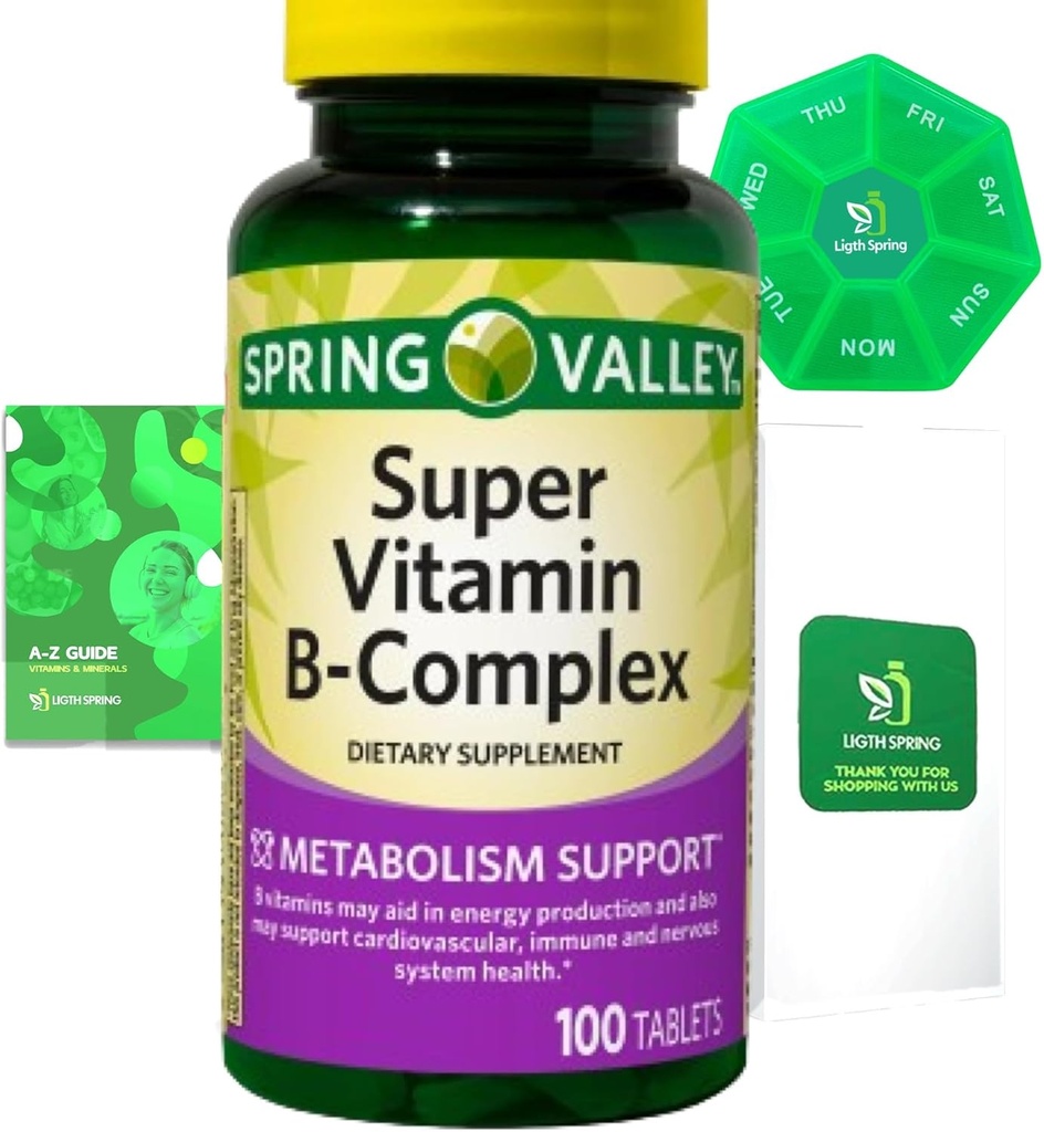 Super Vitamin B-Complex 100 Tabletter Diett Supplement Bundle Eksklusive bedre Ligth & Spring guide + ukentlig piller Organizer (3 elementer)
