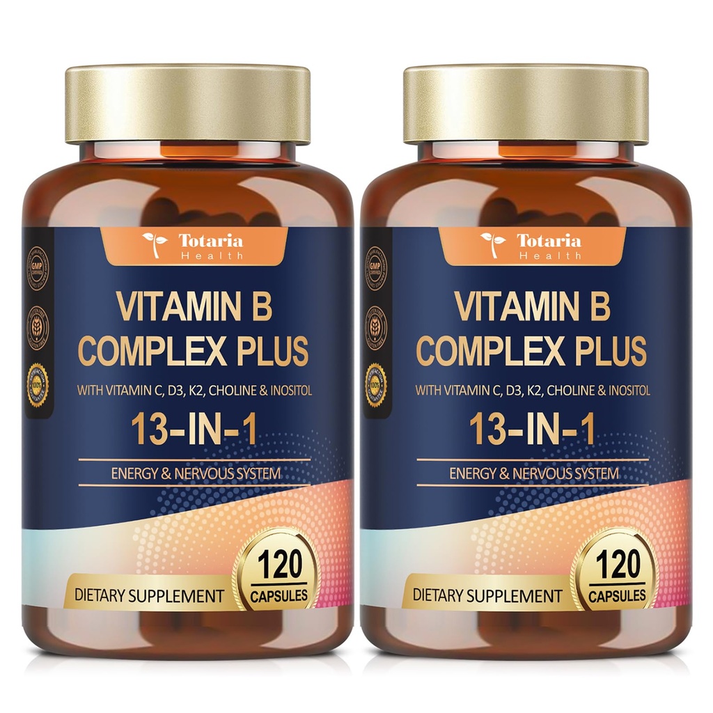 13-i-1 vitamin B kompleks Plus med vitamin B1, B2, B3 (Niacin), B4, B5, B6, B7 (Biotin), B8 (Inositol), B9 (Folat), B12, C, D3, K2 for energi, Nerve, Immune, Hud - 120 Caps per flaske - 2 flasker