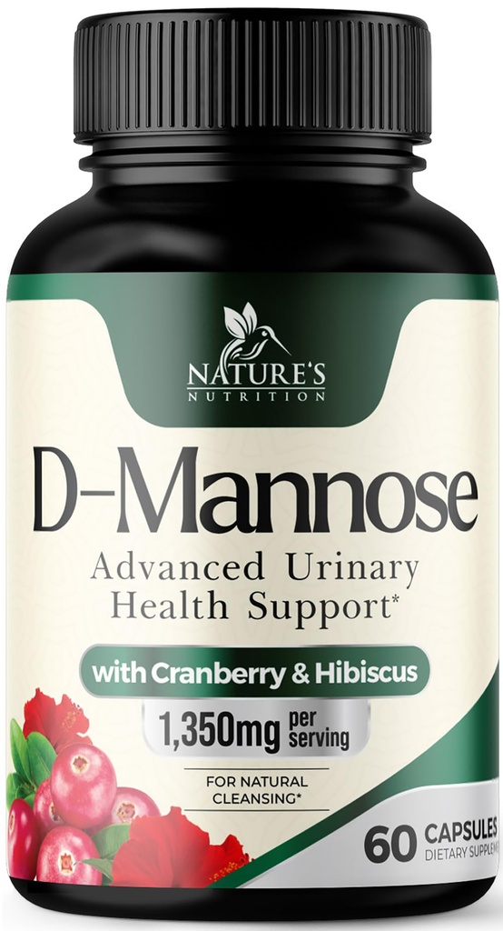 D-Mannose Supplement 1.350 mg med Cranberry & Hibiscus - Effektiv rask-aksjon, Flush urene for naturlig bladder, Urin Tract Helse støtte, for kvinner og menn, ikke-GMO, Vegan, 60 kapsler