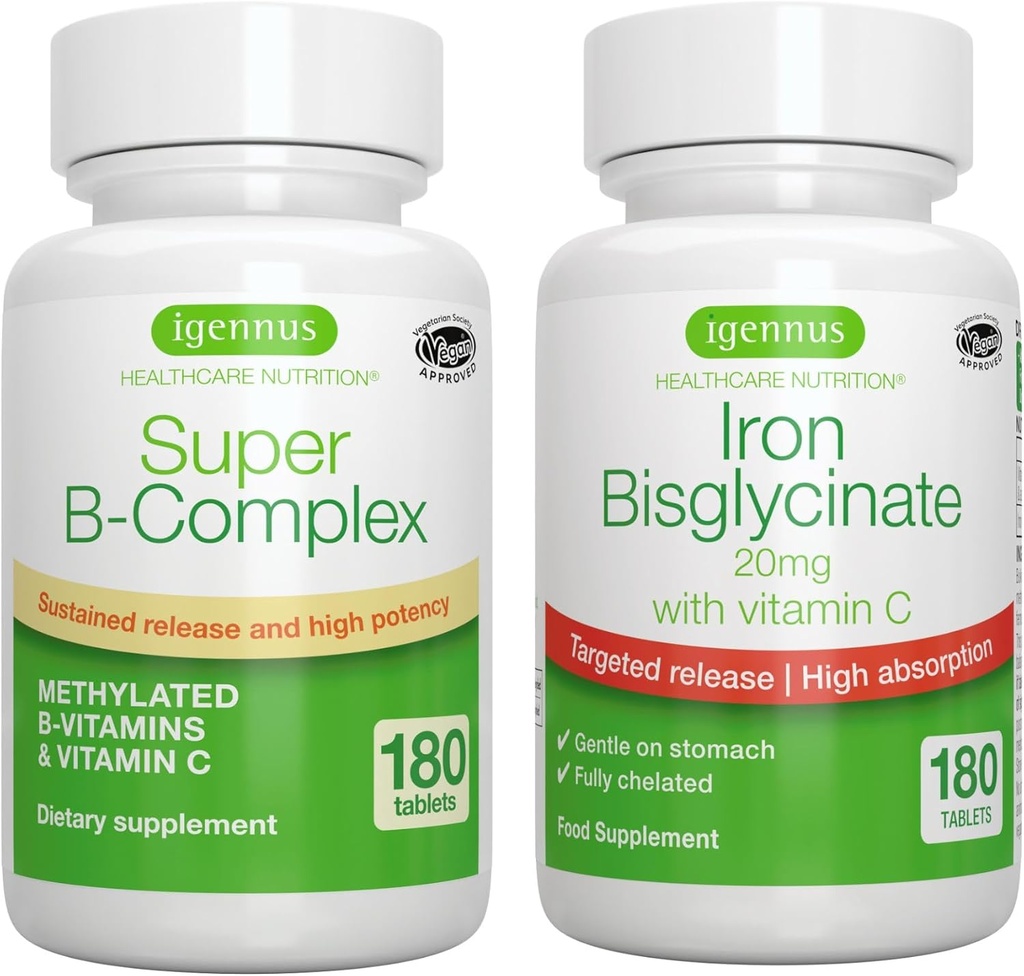 Super B-kompleks & høy absorpsjon Iron Bisglycinate 20 mg med vitamin C, Vegansk Bundle, Metylert ugjennomtrengelig release B kompleks & gentle en-a-dag jern med målrettet frigjøring, av Igenus