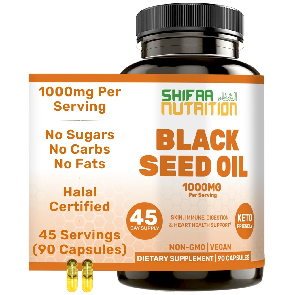 SHIFAA NUTRITION Halal svart frøolje | 1000mg 45 serveringer | Nigella Sativa, Kalonji | støtter hår, hud, ledd, immun, hjerte, dialyse