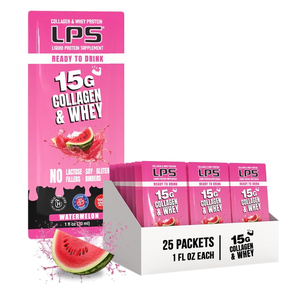 Ernæringsdesign LPS flytende kollagen og Whey Protein Supplement - Ikke-GMO-drikk, sukkerfri - fremmer sunn hud og hår for menn og kvinner, vannmelon, enkelt servere (25 pakker)