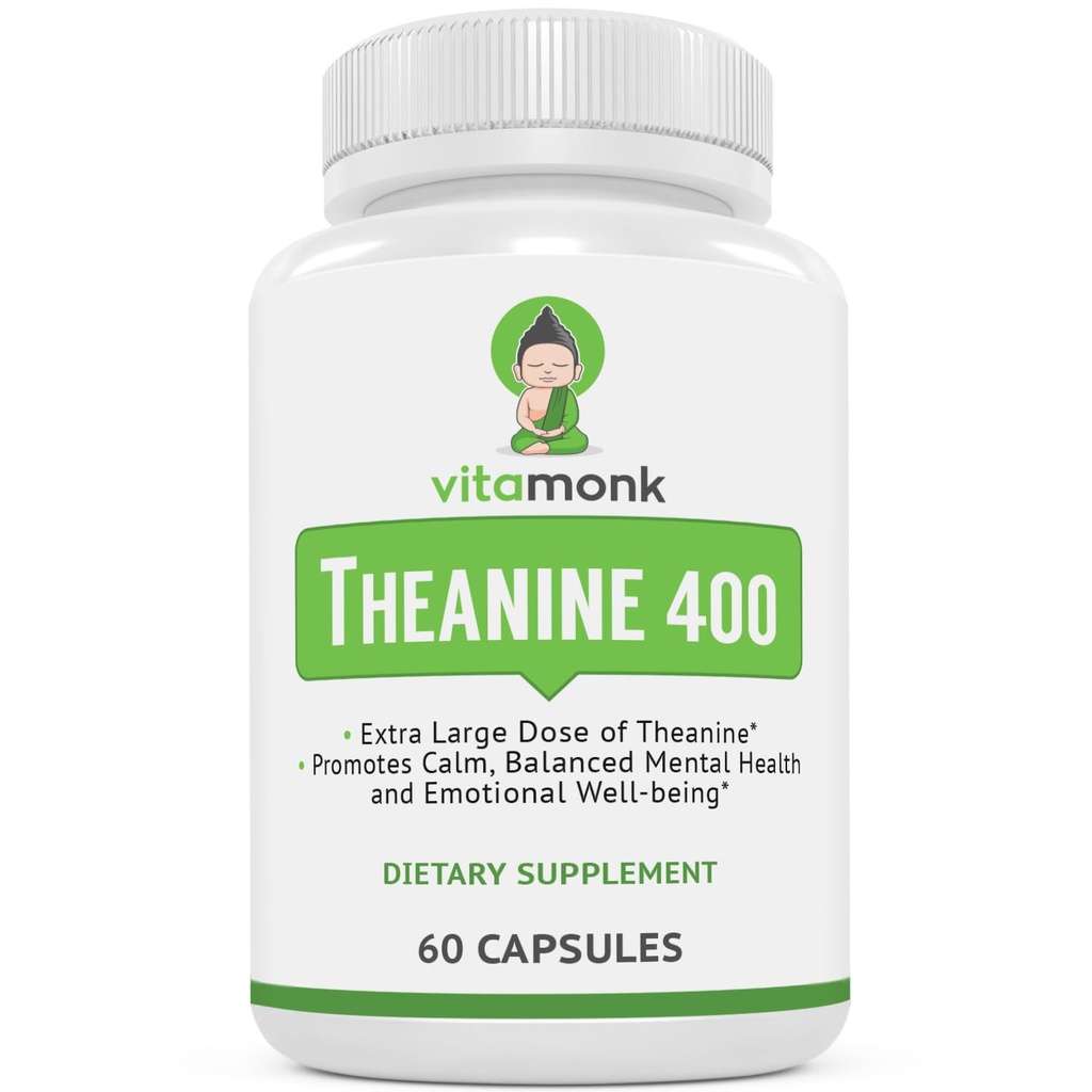 VitaMonk L Theanine 400mg Supplement - L-Theanine 400mg uten kunstige fyllstoffer - Ekstra styrke L Theanine Supplement - Ltheanine 60 Kapsler