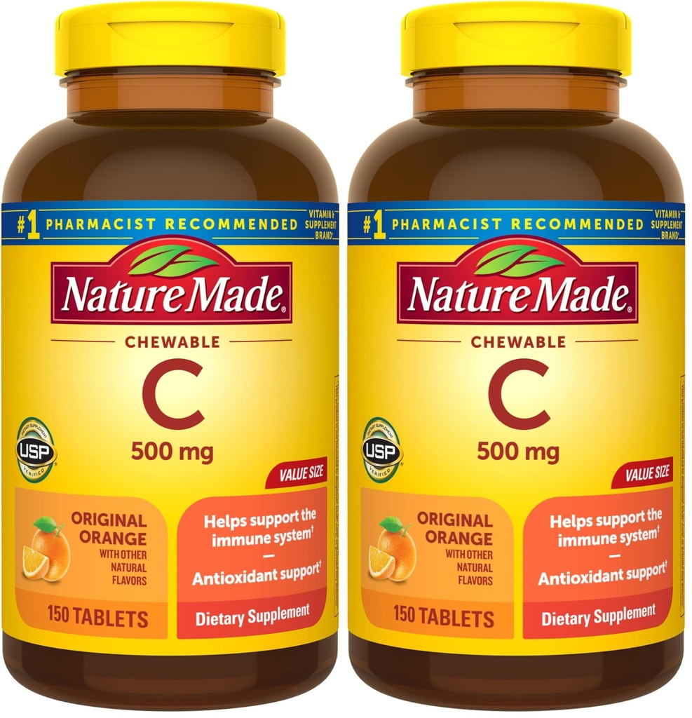 Natur laget Chewable vitamin C 500 mg, kosthold vitamin C Supplement for immunstøtte, 150 tabletter, 150 dagers forsyning (pakke med 2)