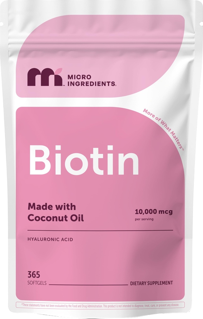 Mikroingredienser Biotin 10.000 mhg med hyaluronsyre 25 mg per servering | laget med kokosolje | 365 mhg | 1 per dag | Ett år | Ikke-GMO & Glutenfri