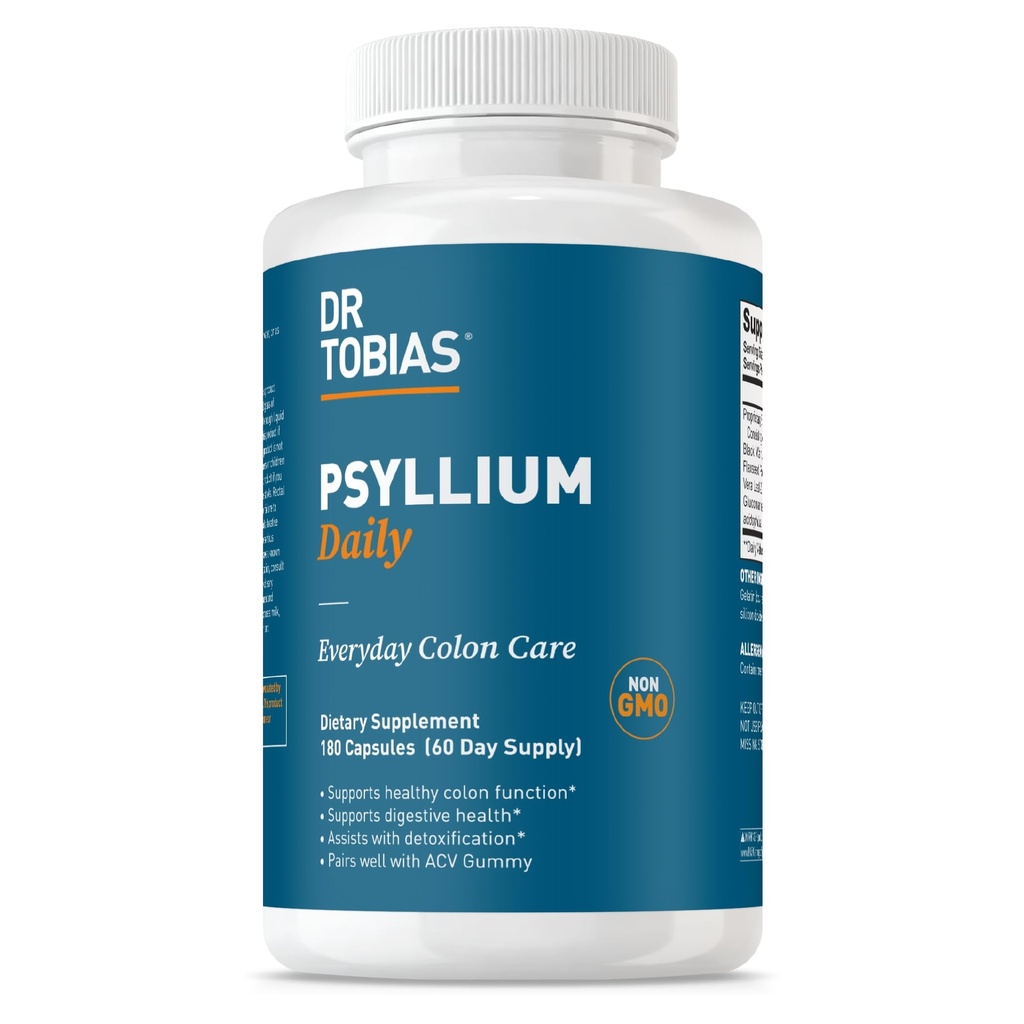 Dr. Tobias Psyllium Daily, støtter Sunn Bowel Movement, Psyllium Husk Kapsler med Bentonit Clay, Flaksfrø og naturlige ingredienser, Daglig fiber Supplement i støtte for Colon Health, 180 Kapsler