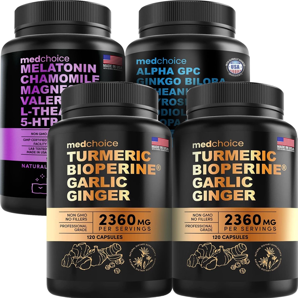 Med CHOICE Turmeric & Ginger (240ct), Sleep Melatonin (90ct) og Nootropic Brain (60ct) Supplement Bundle - Velvære Trio for hjernen, søvn, og immunstøtte - Vegansk, ikke-GMO, Glutenfri