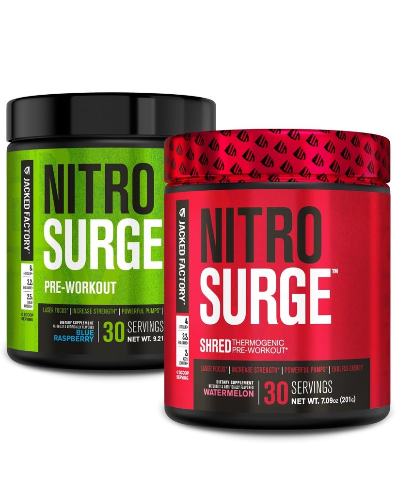 Jakket Factory Nitrosurge Forarbeid i blå bringebær og vannmelon Nitrosurge Shred Thermogenic Pre-Workout for menn og kvinner