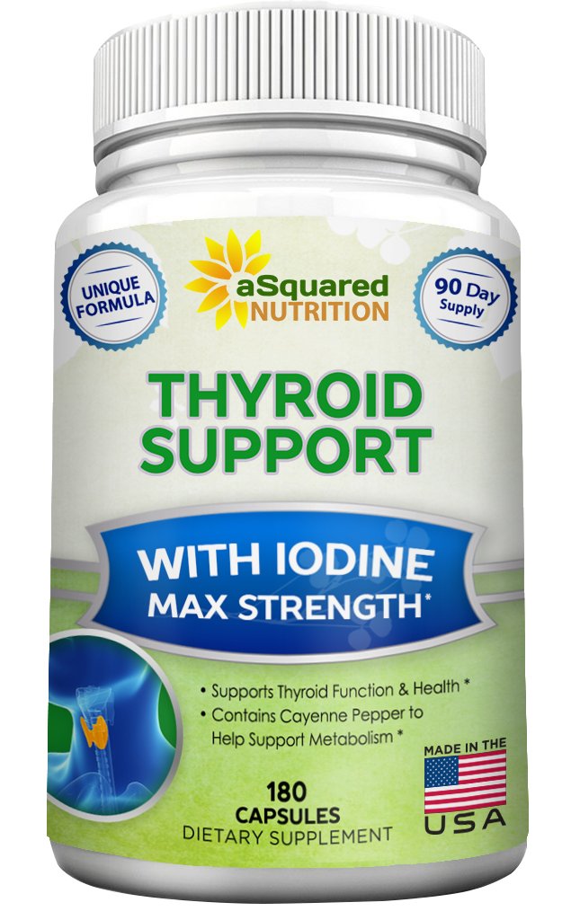 aSquared ernærings Premium Thyroid støtte Supplement med jodin (180 kapsler) - Beste Herbal & Vitamin Complex piller m / B12, Ashwagandha, Bladderwrack & Kelp - Hjelper for sunn hormon & energi