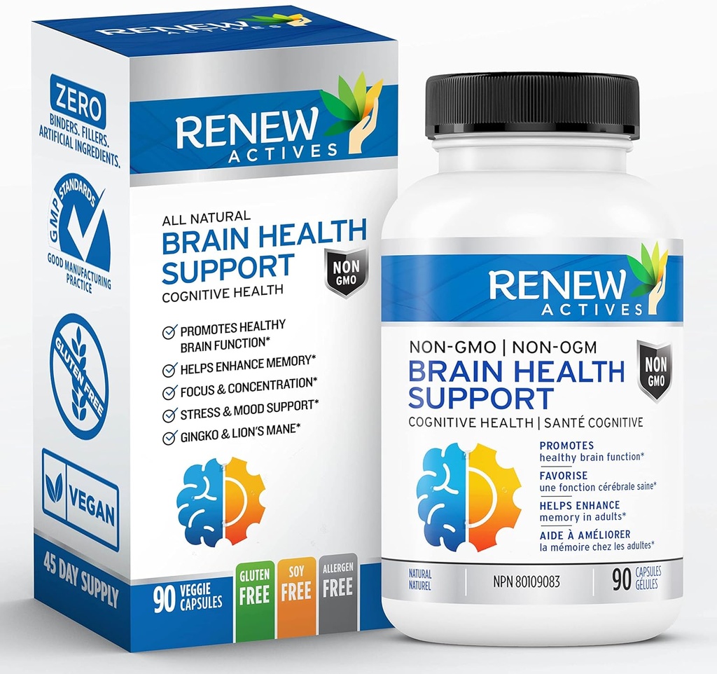 Renovere Actives Brain Health Support – Bacopa 300MG, Ginkgo 100MG, Lions Mane 200MG per 2 Kapsler – støtter kognitiv helse, forbedret minne, fremmer fokus og humør – laget i Canada - 90 Kapsler