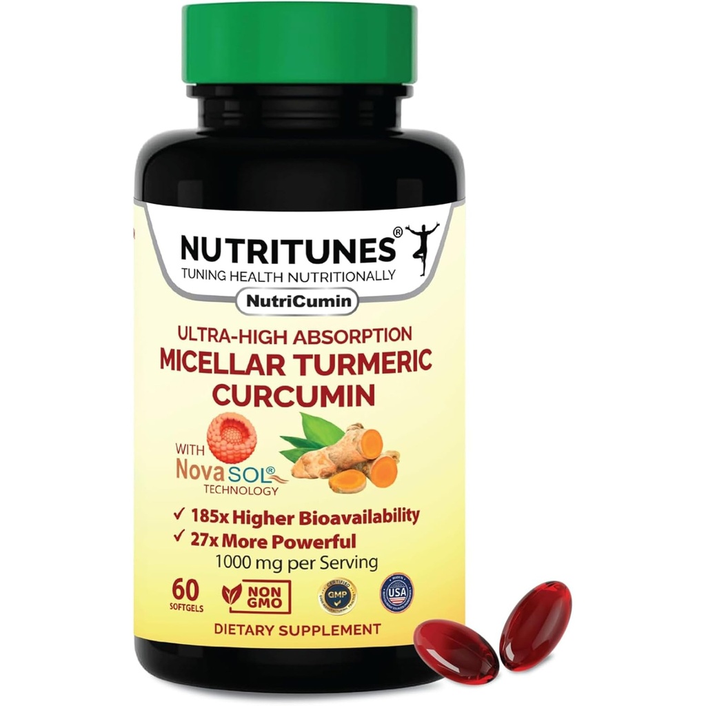 Turmeric Curcumin Supplement 1000mg for felles støtte-185x Biotilgjengelig & høy absorpsjon med NovaSOL-teknologi – 60 NutriCumin Softgels