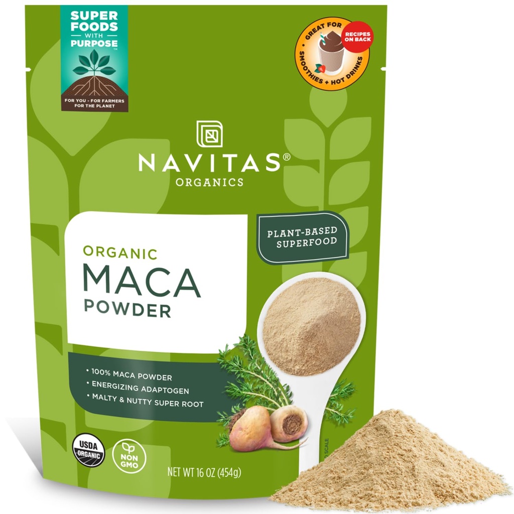 Navitas Organics Maca Powder – 100% gelatinisert peruansk Maca for smoothies, Lattes, Baking & Mer – Energize & Balance - USDA organisk, ikke GMO, Vegansk, Glutenfri (16oz. Bag, 180 serveringer, 2-pakke)