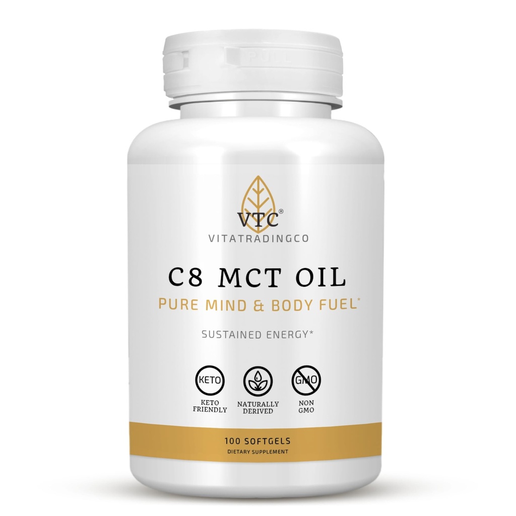 VTC VitaTradingCo. C8 MCT oljekapsler | Naturlig avledet Capryl C8 Supplement | Kokosolje piller | KETO Vennlig, Ikke GMO | 100 Softgels