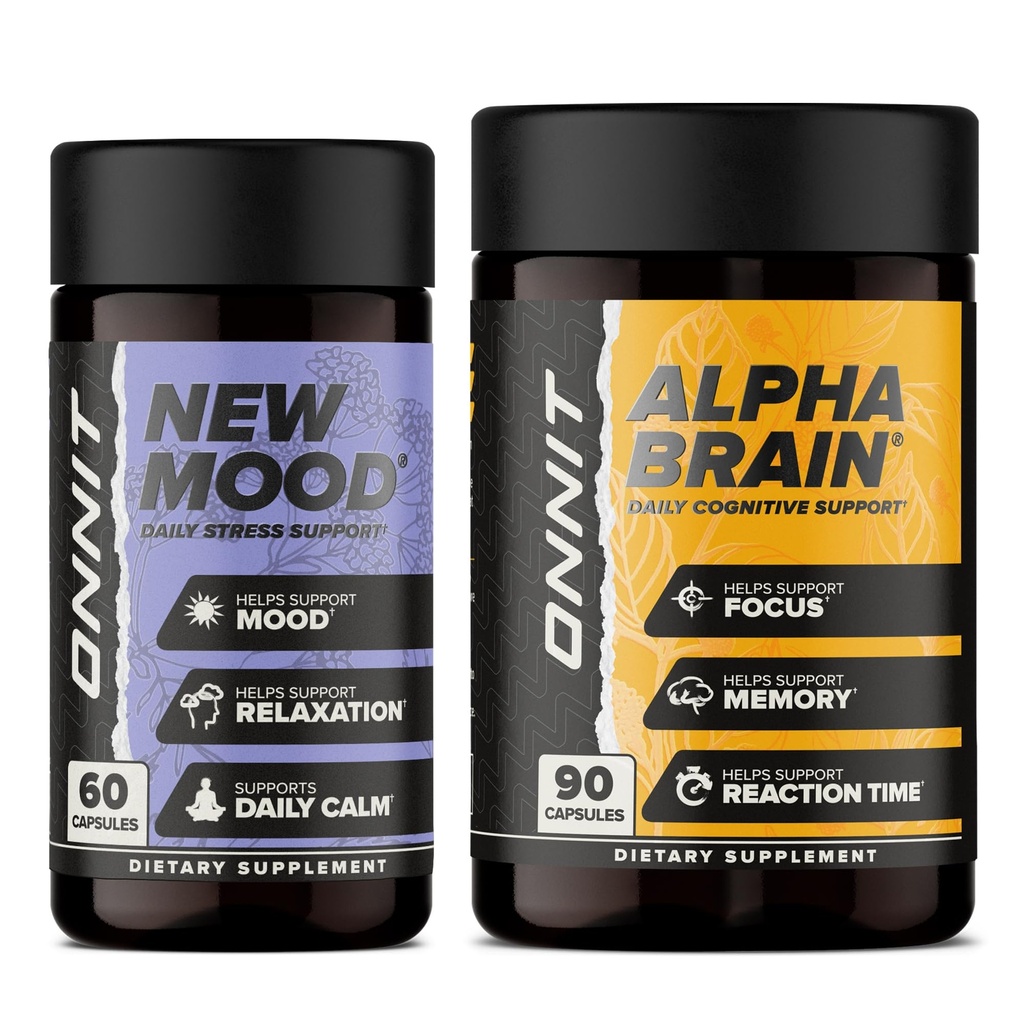 ONNIT Premium Alpha Brain Bundle - Nootropic Brain Supplement (90 greve) for fokus, konsentrasjon og minne + nytt Mood Supplement for stress relief, søvn og humør (60 greve)