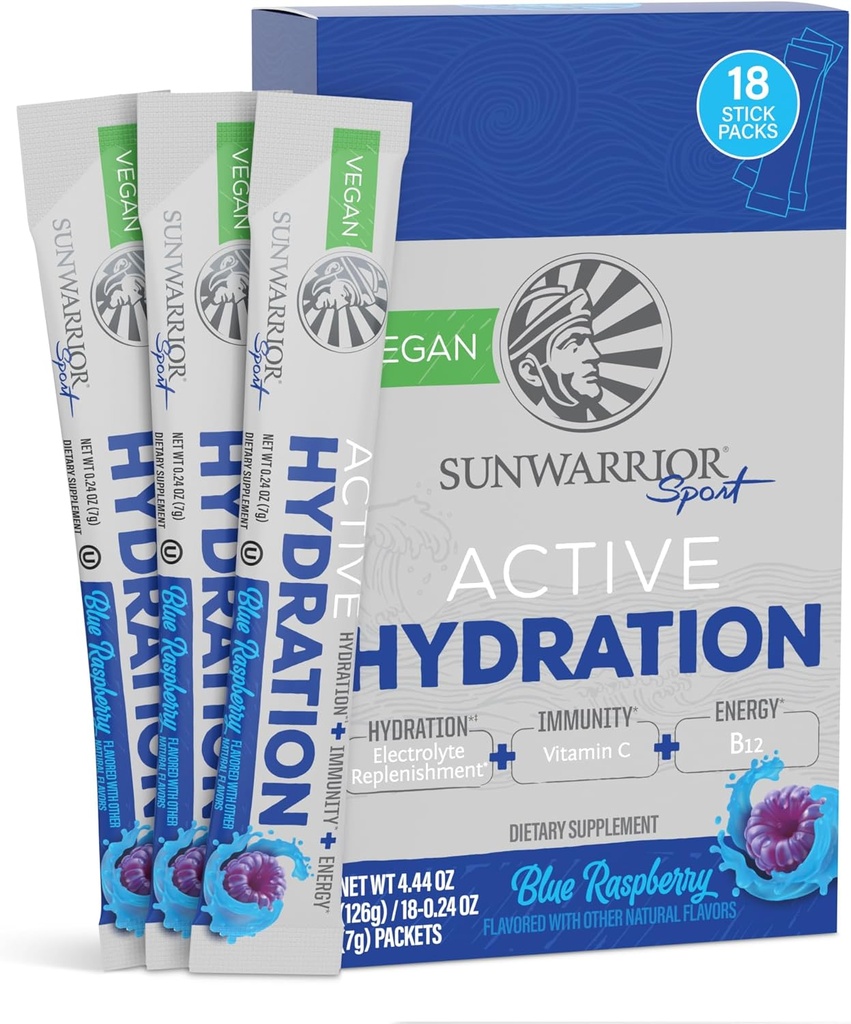 Sunwarrior Hydration Powder Electrolyte Packets Powder B12 Elderberry | Blå bringebær Flavored 18 Stick Packs 126g Pouch | Vegansk og plantebasert sukkerfri