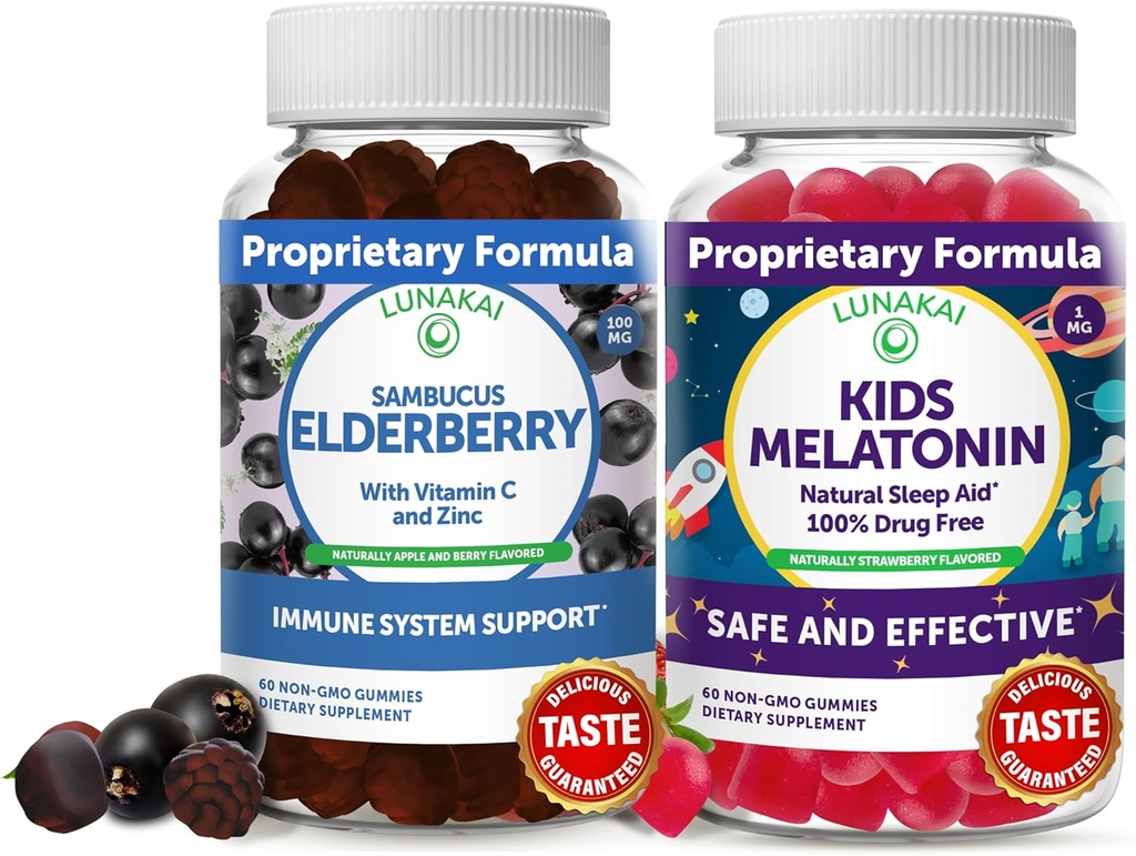Lunakai Adult Elderberry og Kids Melatonin Gummies Bundle - Immun støtte med sink og vitamin C for voksne og barn - Ikke-GMO, Vegan, Glutenfri naturlig søvn Gummy