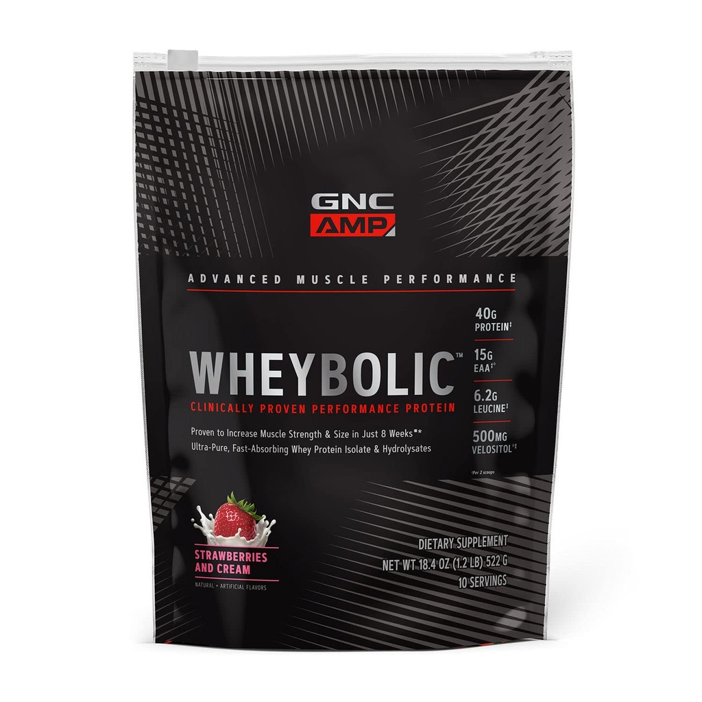 GNC AMP Wheybolic klinisk bevist protein pulver, 40g Whey protein, BCAA, Leucine, øker muskel styrke, muskelbygging, 3. part testet, glutenfri, jordbær og krem, 10 serveringer