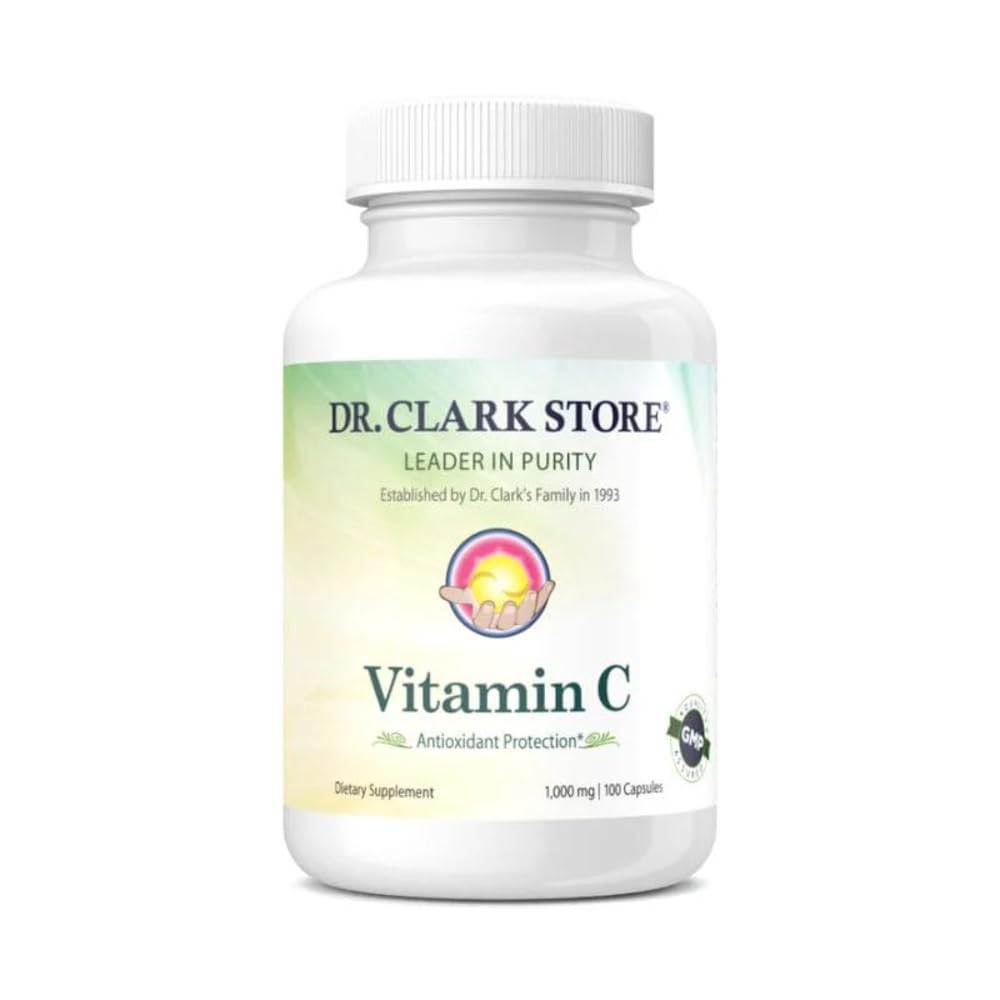 Dr Clark Vitamin C Supplement 1000mg - Glutenfri, immunitetsstøtte, Potent antioksidant, støtter hjernefunksjon, fremmer utsmykning og reparasjon, 100 Gelatin kapsler
