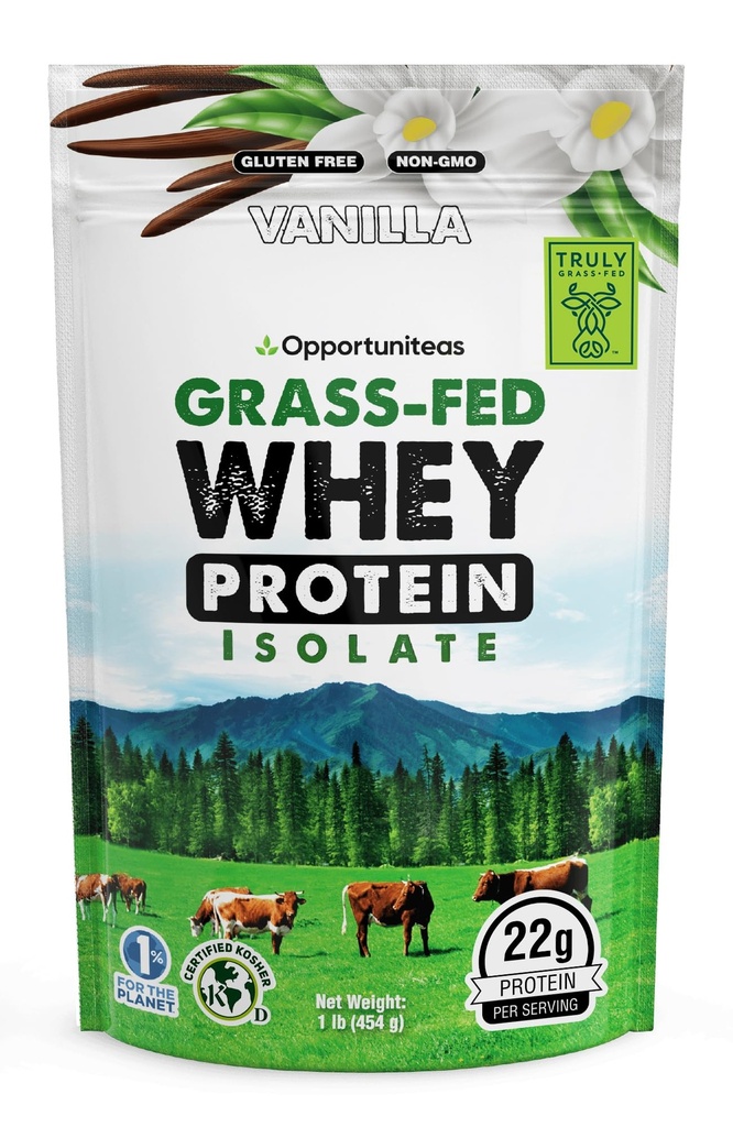 Opportuniteas Grass Fed Vanilla Whey Protein Isolate pulver - 22g Protein pulver uten kunstige søtningsmidler, Hormonfri kyr, ikke GMO - 1lb