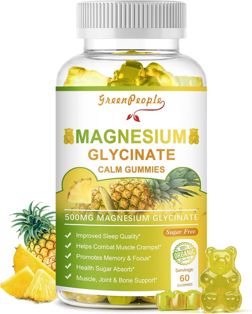GREENPEOPLE Magnesium Glycinate Gummies med Citrat 1000mg, Taurate & Matale - Sugar Gratis - Magnesium Kalium Supplement med vitamin D, K2 for rolig Mood & Zzz Support - 60 Pineapple Gummies