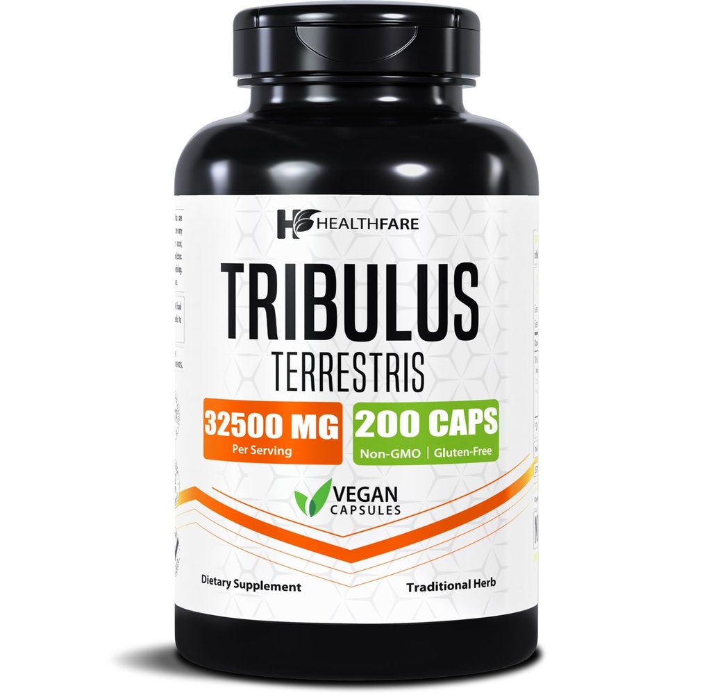 HealthFare Tribulus Terrestris for menn og kvinner | 32 500mg Ultra Potency Ekstrakt | 95% Saponiner | 200 kapsler | Naturlig styrke, energi og utholdenhet | Ikke-GMO, Glutenfri, laget i USA