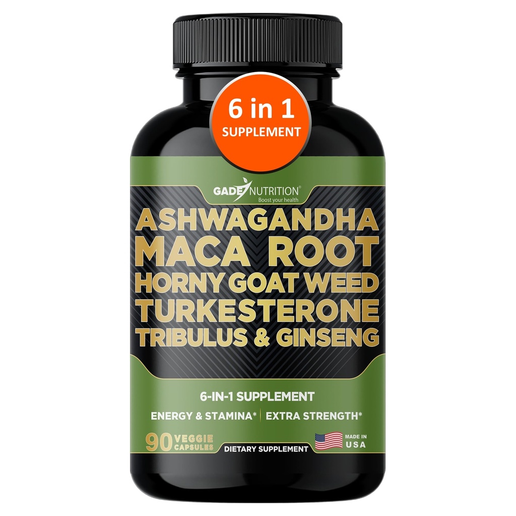 Gade Nutrition Ashwagandha med Maca Root, Horny Goat Weed, Turkesteron Supplement, Tribulus Terrestris, Panax Ginseng ® 90 Grønnsaker Kapsler for energi, Stamina, ytelse.