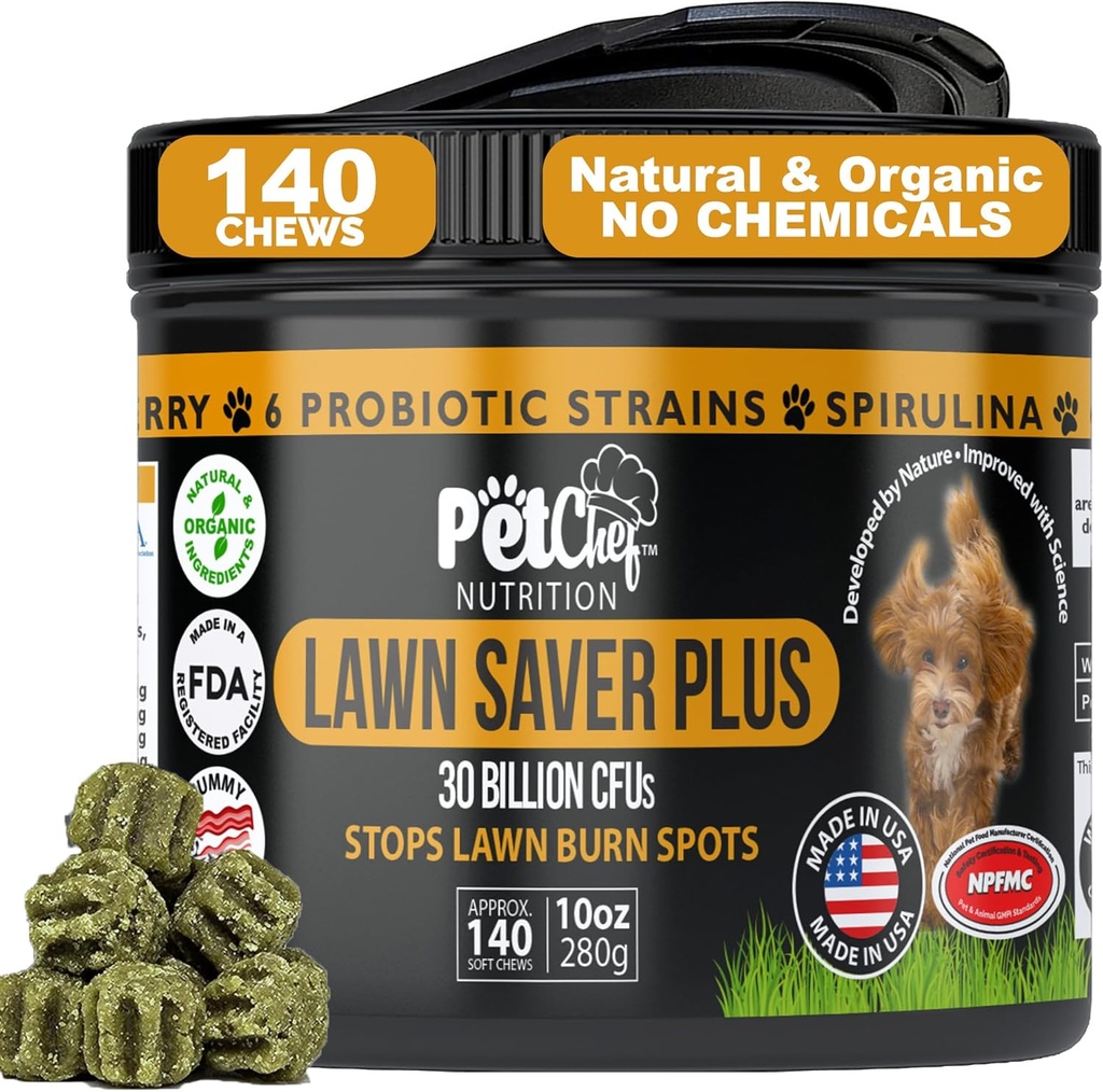 Kjæledyr Chef Lawn Saver, Soft Chew, Vegan Bacon! Canine Urine Yard Burn Stopper. Hund PH Urine Neutralizer. Bygger yards, beskytter planteskader og hjelper med å vokse bakgårder. Forhindrer Yard Pee Skade