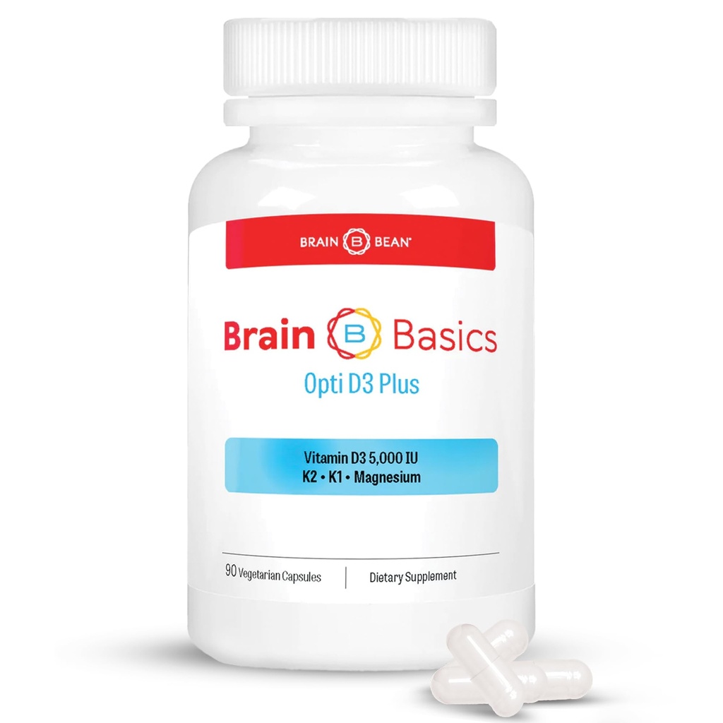 Hjerne Basic Opti D3 Plus - Vitamin D3 5000 IE med K1, K2 og Magnesium - Brain Support Supplement for Mood, Mind, Minde - Bein, Muskel og Immune Helse - Glutenfri, Soja Gratis og Dairy Gratis