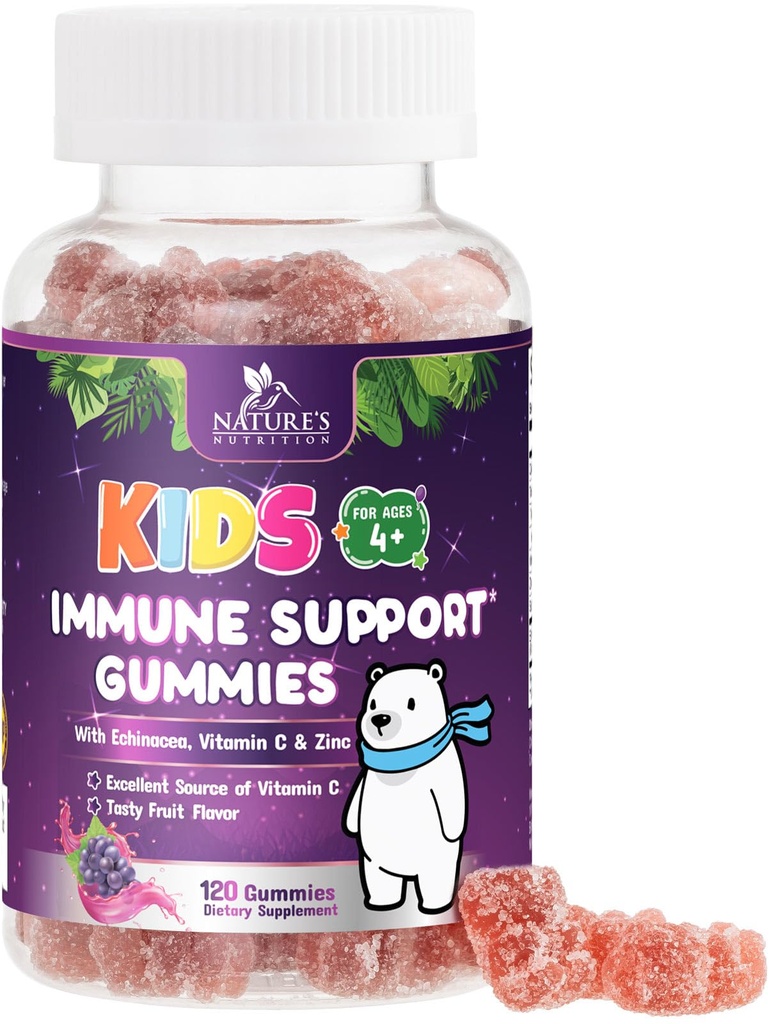 Immunstøtte Gummier for barn med vitamin C, Zink & Echinacea - barnedaglig immun helsestøtte Gummy Supplement, alder 4 og opp, Naturens Kid vitaminer Glutenfri og ikke-GMO - 120 Gummies
