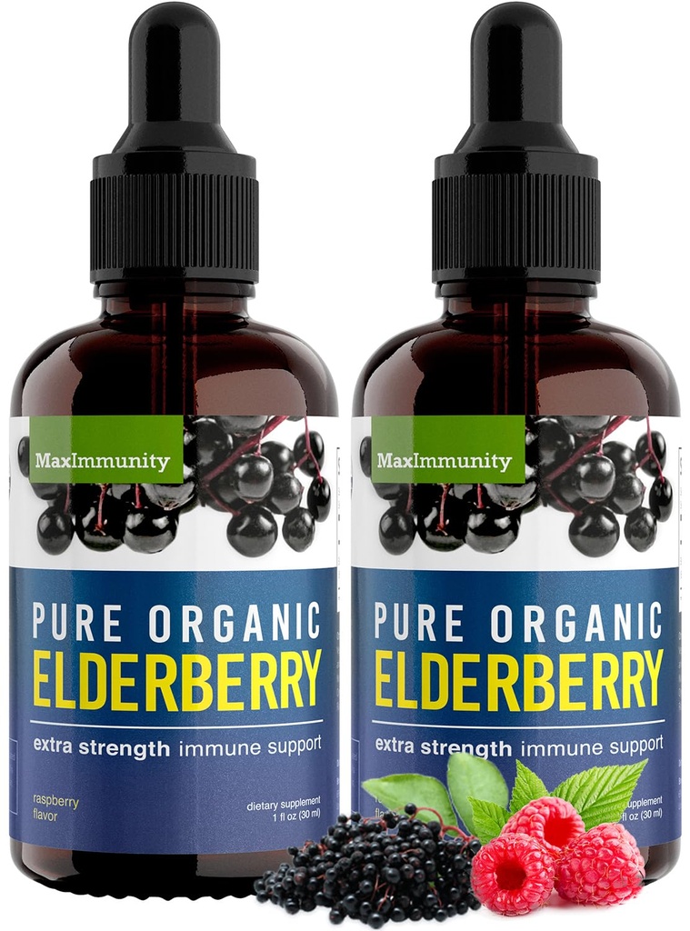 Organic Elderberry Syrup, 60 dagers forsyning, svart flytende dråper for immunstøtte, Sambucus Elderberry Syrup - flytende ekstrakt dråper for barn og voksne - ekstra styrke (2 pakke)