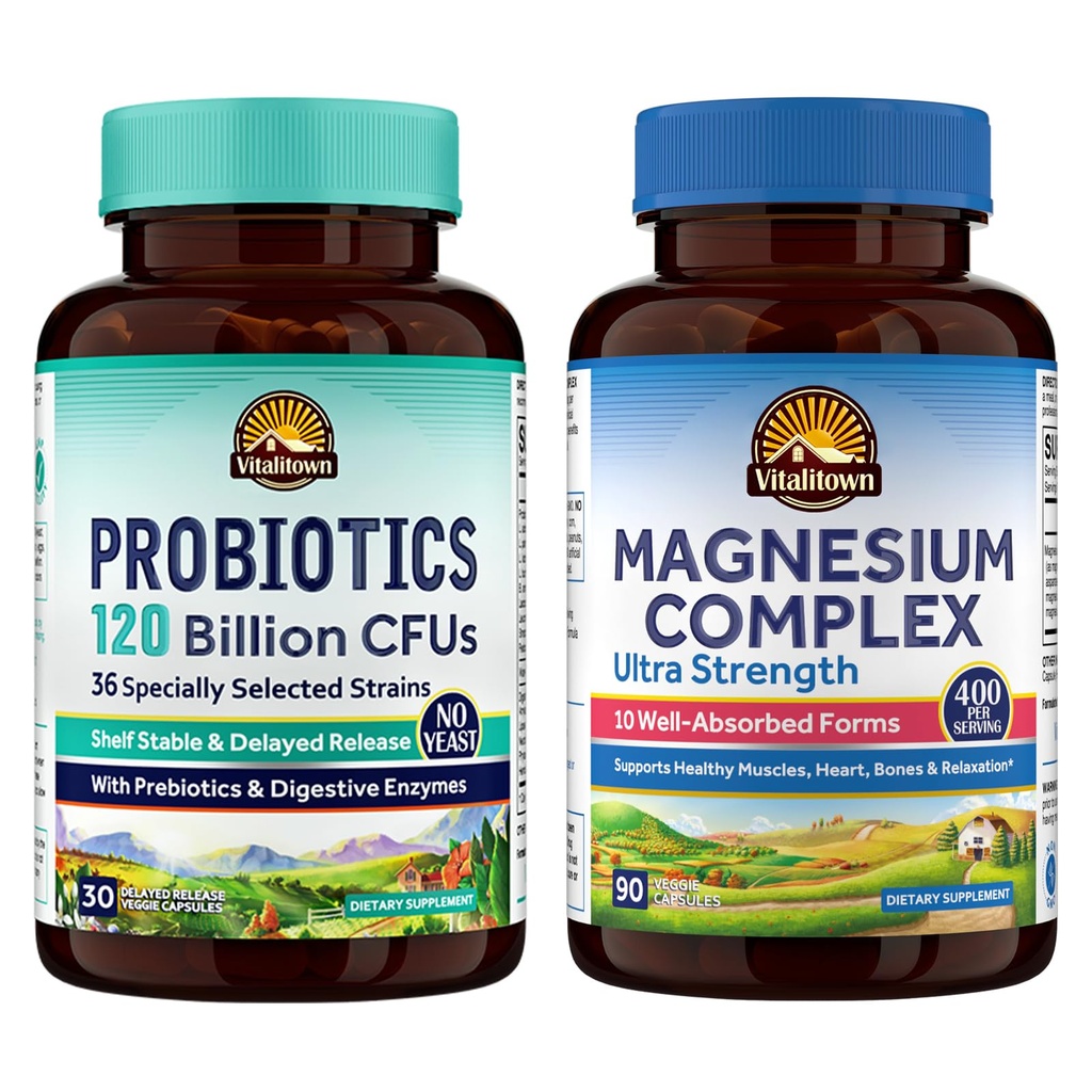 Vitalitown Probiotic + Magnesium Bundle (pakke med 2) Probiotika 120 milliarder (artikkel 1) & 6-i-1 Magnesiumkompleks (element 2)