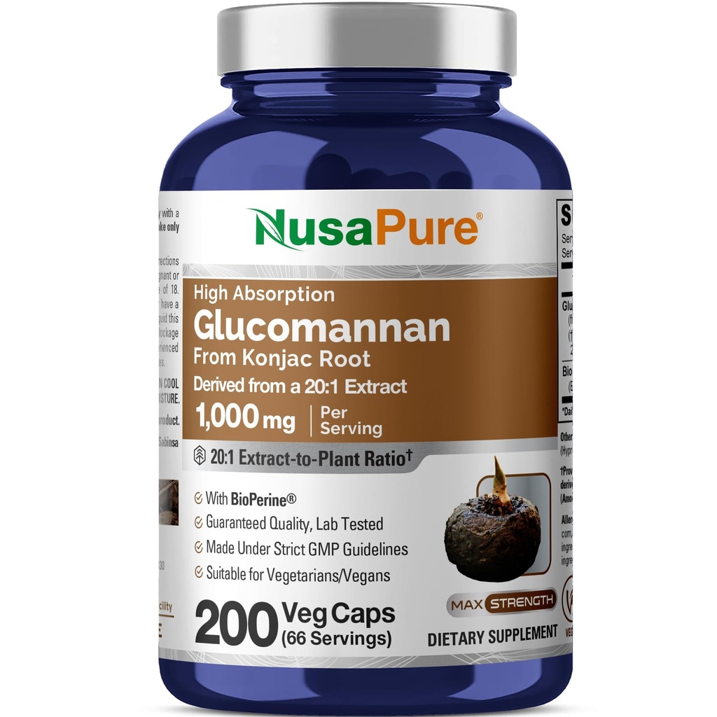 NusaPure Glucomannan 1000 mg per servering 200 Veg Caps (BioPerine, Non-GMO, Vegan) Konjac Root