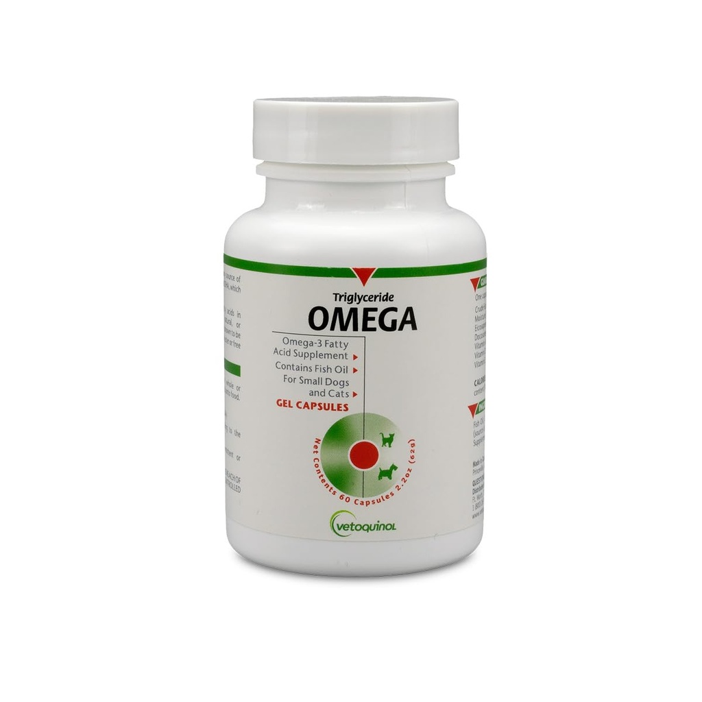 Vetoquinol triglycerid Omega 3 Supplement for hunder og katter, Fish Oil Supplement med EPA og DHA, fremmer huden, Coat, felles og immun helse, Omega 3 Fiskeolje for hunder og katter opp til 30lbs, 60ct