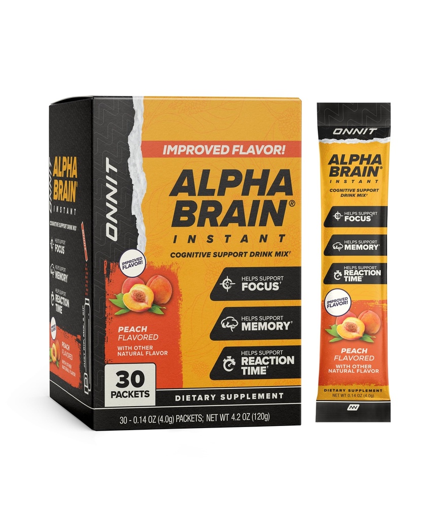 ONNIT Alpha Brain Instant Peach Flavor - Nootropic Brain Booster Minne Supplement - for fokus, energi og klarhet - Alpha GPC Choline, Cats Claw, L-Theanine, Bacopa - 30ct