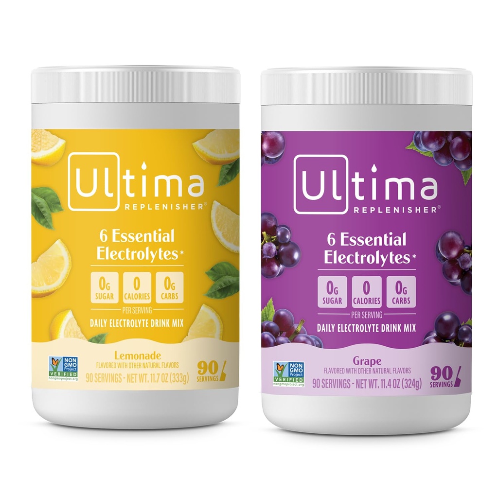 Ultima Replenisher Electrolyte Powder Drink Mix Bundle - Sukkerfri – Lemonade og Grape, 90 Serveringer – Hydration pulver - 6 Nøkkelelektrolytter og spormineraler – keto vennlig, ikke-GMO