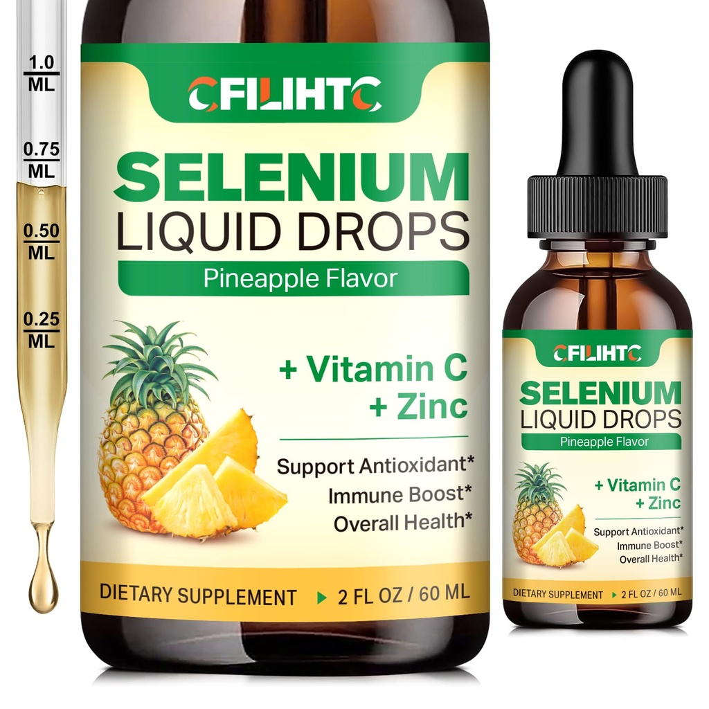 Selenium flytende dråper, 200mcg flytende Selenium Supplement med C-vitamin og sink, Støtte for immunsystem, Antioksidant og hjerte helse, høy absorpsjon, Pineapple Flavor, 2 Fl Oz