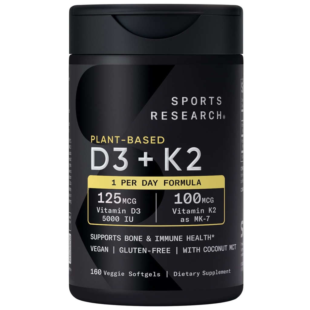 Idrettsforskning vitamin D3 K2 med 5000iu plantebasert D3 & 100mcg vitamin K2 som MK-7, ikke-GMO verifisert og vegansk sertifisert - 160 flytende softgels