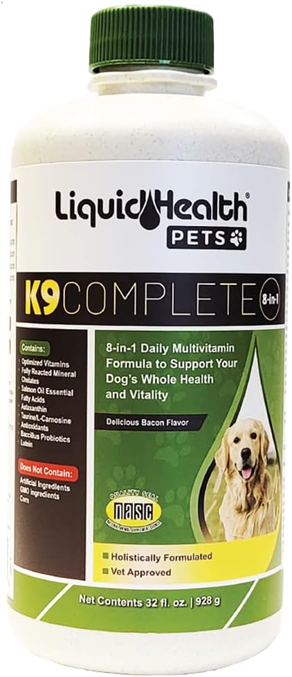 Kjæledyr K9 Komplett 8-i-1 flytende multivitamin for voksne eldre hunder og valper, alle i én komplette formel Canine vitaminer for hud & coat, felles helse, immunstøtte - USA laget (32 oz)
