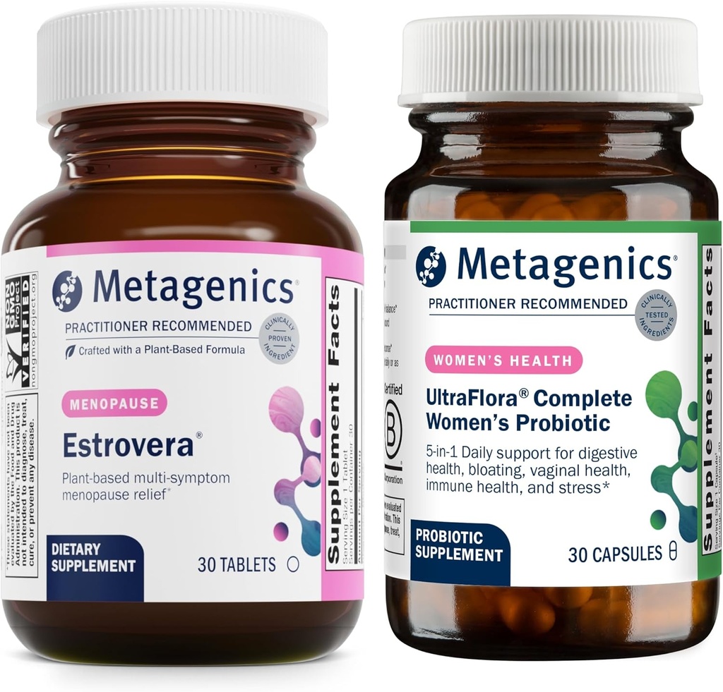 Metagenis HerWellness Estrovera (30 tabletter) & UltraFlora Komplet Kvinners Probiotiske (30 kapsler) - Hormonfri Menopause Support - Hjelp Digestive helse
