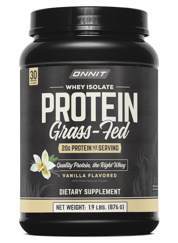 ONNIT Grass Fed Whey Isolate Protein pulver, Vanilla Flavor, Whey Protein pulver kosttilskudd for å støtte muskel gevinst og trening utvinning, 30 serveringer per tub, 30.7 oz