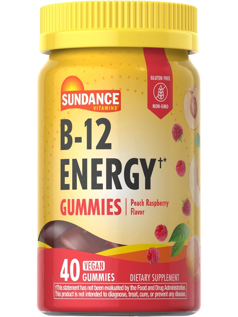 Sundance Vitamin B-12 Energi Gummies ® 40 greve | Peach Raspberry Flavor ® Vegansk, Ikke-GMO, og Glutenfri Supplement