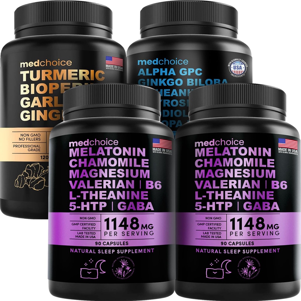 Med CHOICE Turmeric & Ginger (120ct), Sleep Melatonin (180ct) og Nootropic Brain (60ct) Supplement Bundle - Velvære Trio for hjernen, søvn og immunstøtte - Vegansk, ikke-GMO, Glutenfri