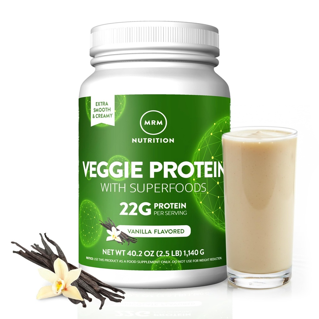 MRM Ernæring Veggie Protein med Superfoods | Vanilla Flavored | 22g Complete Protein | Over 8,8g Essentielle Aminosyrer | 13 supermat | med Omega 3s og Omega6s | Keto vennlig | 33 Serveringer